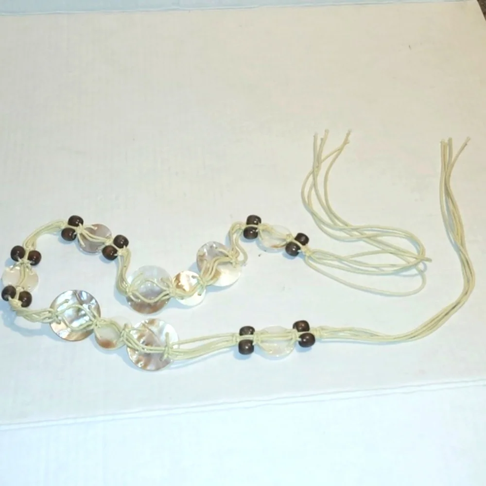 Belt Vintage white shells wood beads strung on heavy white cotton Coastal Boho